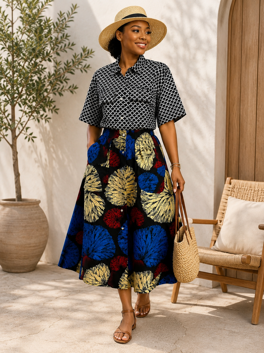 Chomskay Monochrome Bloom Skirt Set